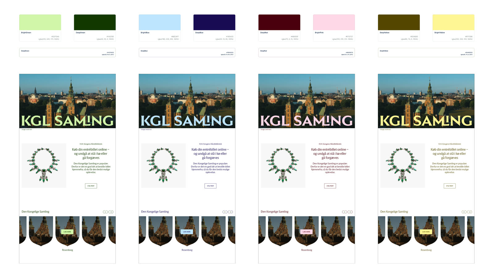 The colour system: four bright/deep pairs — green, blue, red with pink, and yellow — each with hex and RGBA values and a 20% tint, shown above the same homepage rendered four times, once in each pairing.